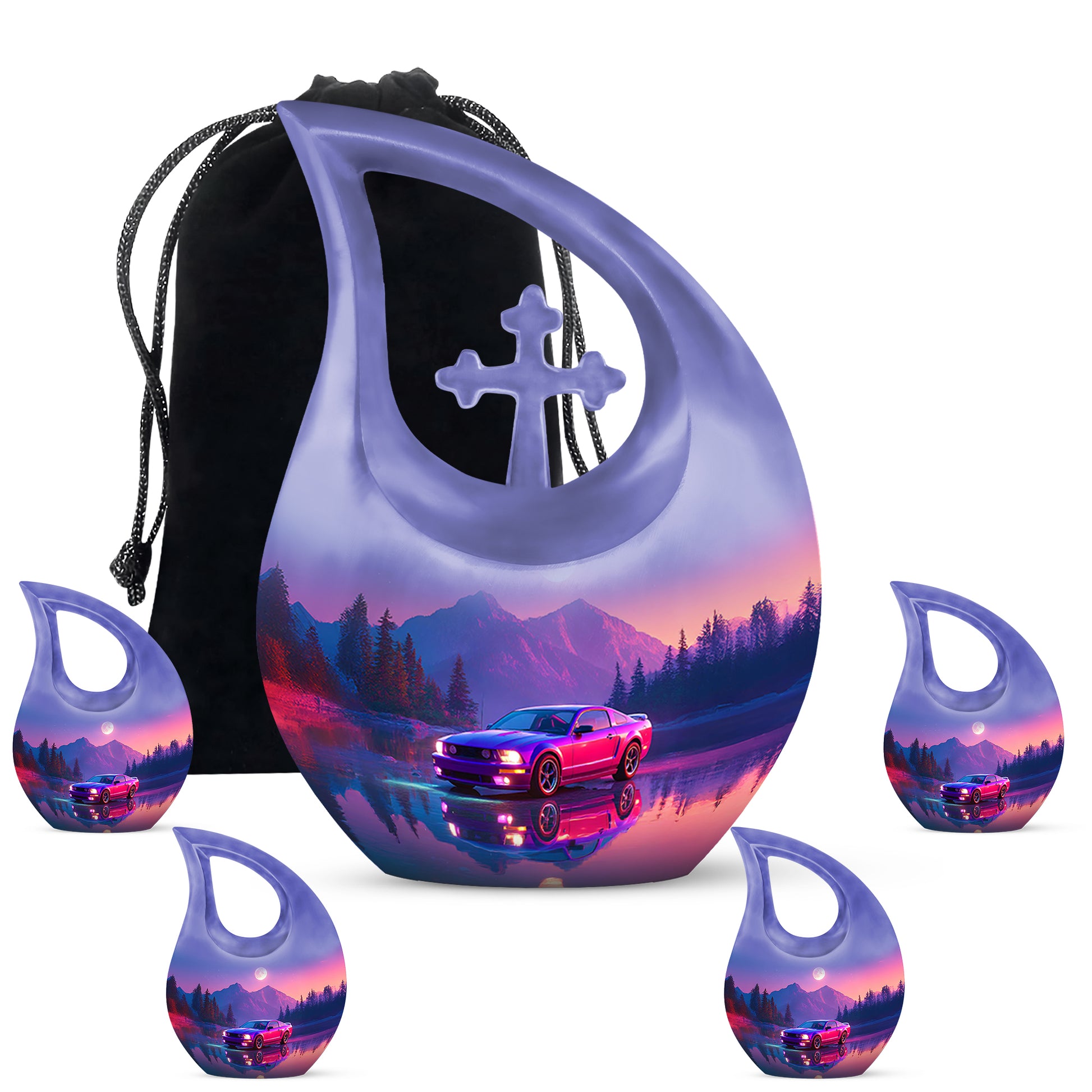 Indigo Car Cremation Urn urn with complimentary velvet bag - sacred cross merged with car motif on metal - memorial set with one large and four small urns