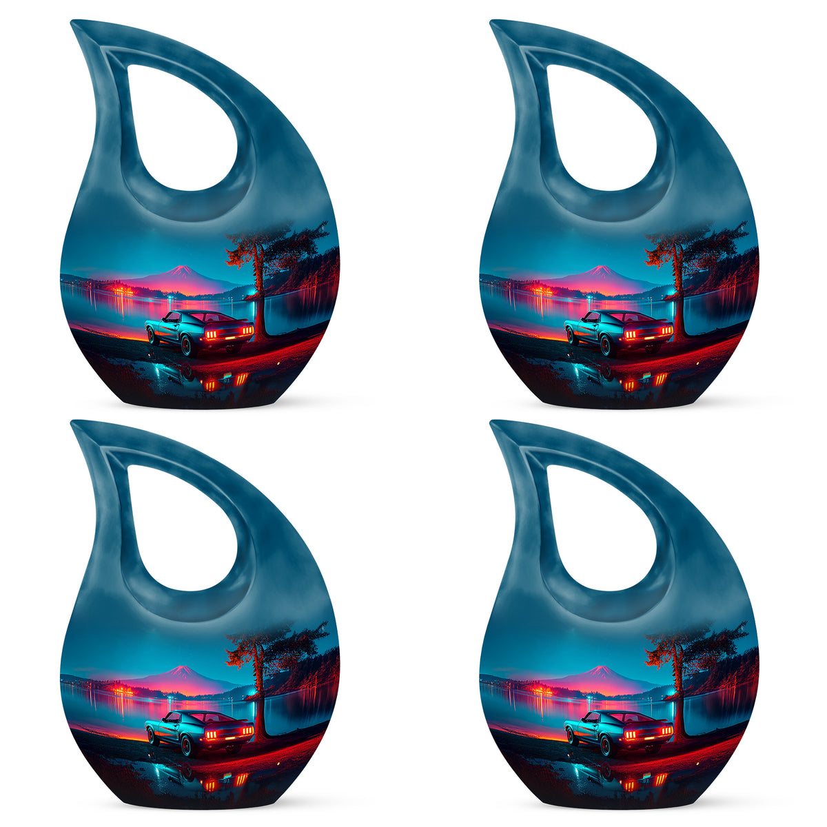 Pastel Blue Car Cremation Urn lifestyle display on memorial shelf - sacred cross merged with car motif on metal - 10 inch aluminum urn for cremated remains