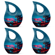 Pastel Blue Car Cremation Urn lifestyle display on memorial shelf - sacred cross merged with car motif on metal - 10 inch aluminum urn for cremated remains