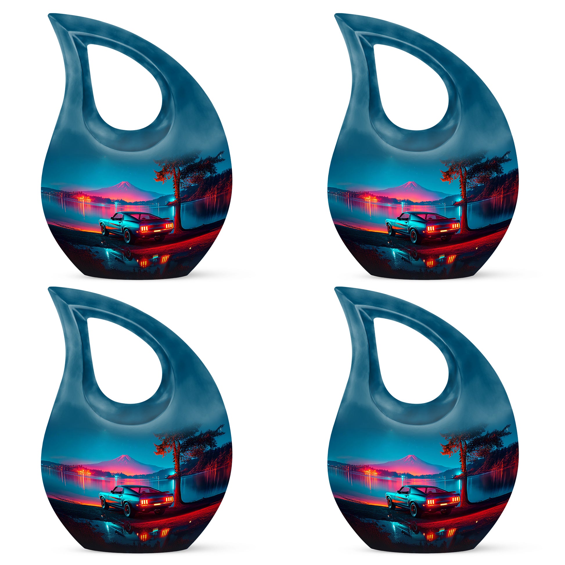 Pastel Blue Car Cremation Urn lifestyle display on memorial shelf - sacred cross merged with car motif on metal - 10 inch aluminum urn for cremated remains