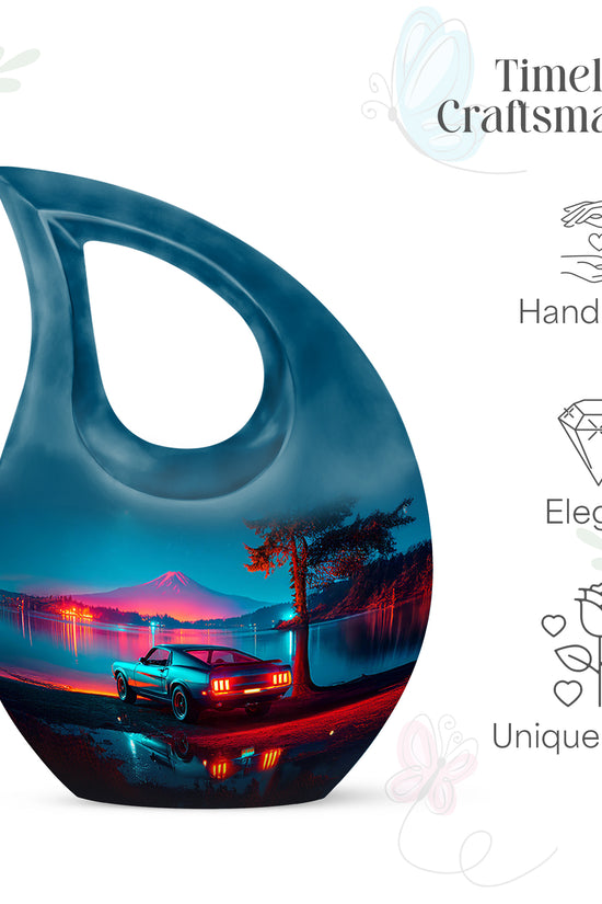 Pastel Blue Car Cremation Urn back view with polished surface - cross and car combined in spiritual memorial design - mini keepsake memorial for portion of cremation ashes