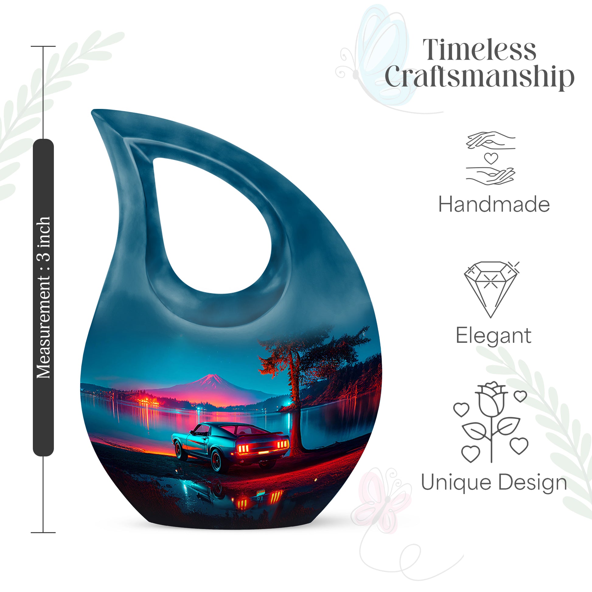 Pastel Blue Car Cremation Urn back view with polished surface - cross and car combined in spiritual memorial design - mini keepsake memorial for portion of cremation ashes