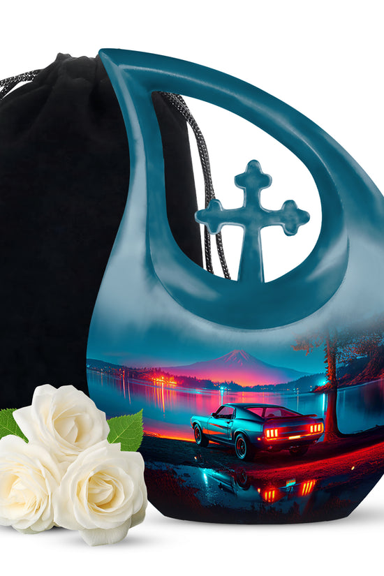 Vivid Blue Car Cremation Urn top-down view of secure threaded lid - faith-inspired cross-drop urn with car pattern - full-size 10 inch 200 cubic inch adult cremation urn