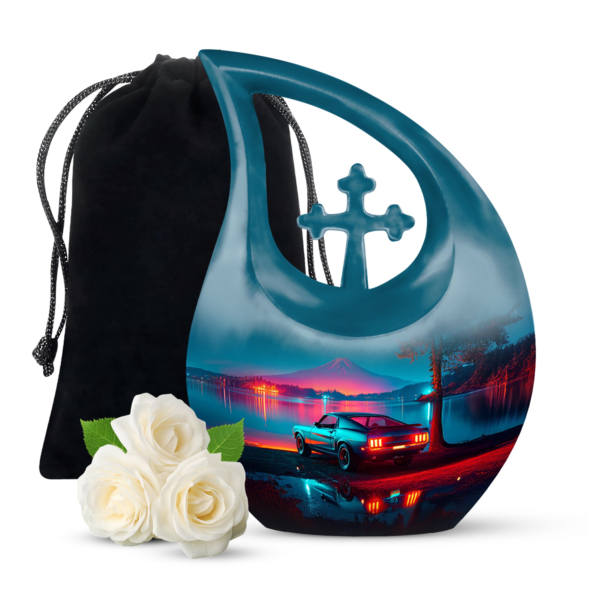 Vivid Blue Car Cremation Urn top-down view of secure threaded lid - faith-inspired cross-drop urn with car pattern - full-size 10 inch 200 cubic inch adult cremation urn