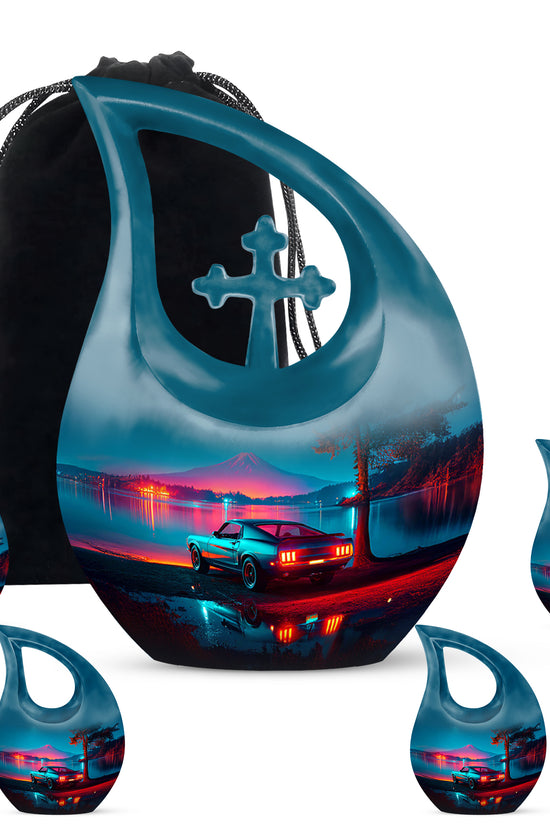 Sapphire Blue Car Cremation Urn urn with complimentary velvet bag - faith-inspired cross-drop urn with car pattern - memorial set with one large and four small urns