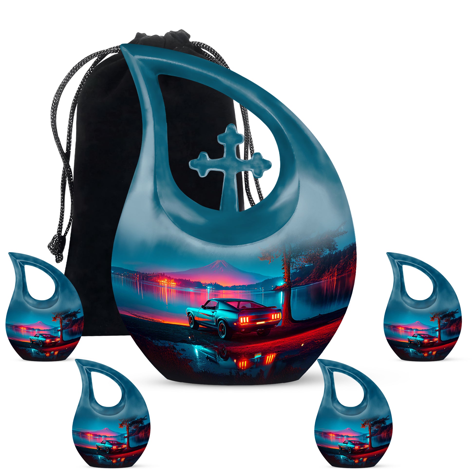 Sapphire Blue Car Cremation Urn urn with complimentary velvet bag - faith-inspired cross-drop urn with car pattern - memorial set with one large and four small urns