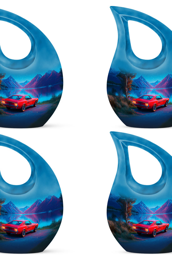 Bright Blue Car Cremation Urn lifestyle display on memorial shelf - faith-inspired cross-drop urn with car pattern - 10 inch aluminum urn for cremated remains