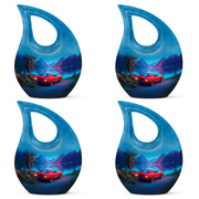 Bright Blue Car Cremation Urn lifestyle display on memorial shelf - faith-inspired cross-drop urn with car pattern - 10 inch aluminum urn for cremated remains