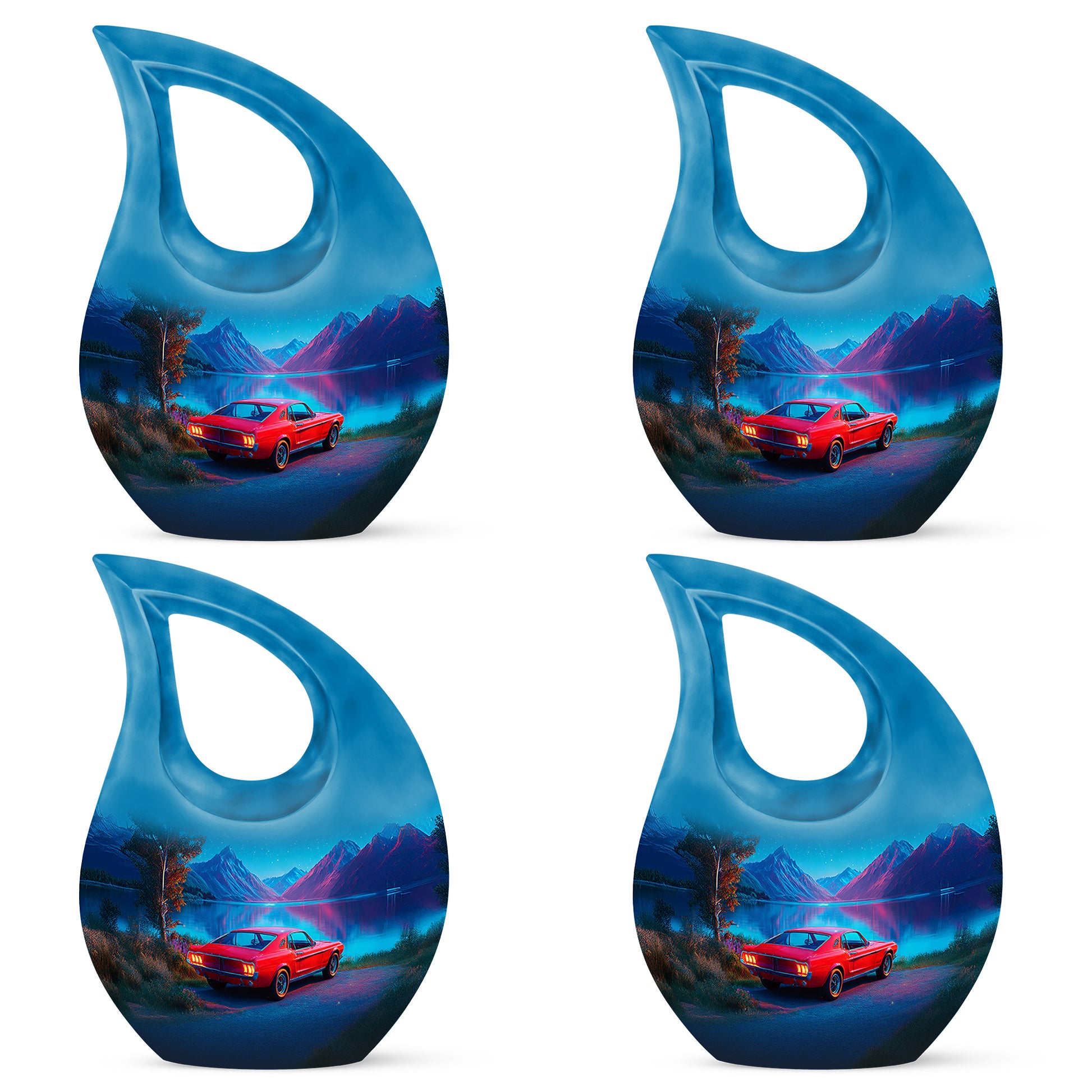 Bright Blue Car Cremation Urn lifestyle display on memorial shelf - faith-inspired cross-drop urn with car pattern - 10 inch aluminum urn for cremated remains