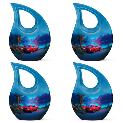 Bright Blue Car Cremation Urn lifestyle display on memorial shelf - faith-inspired cross-drop urn with car pattern - 10 inch aluminum urn for cremated remains