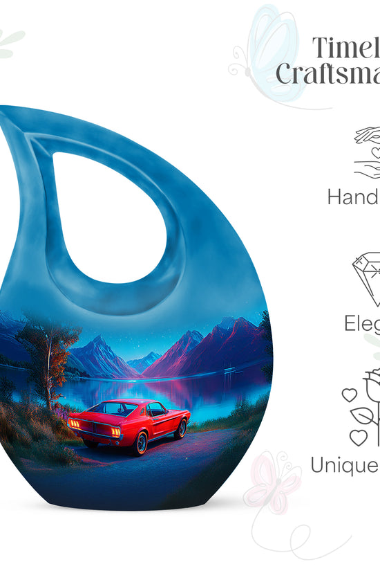 Twilight Blue Car Cremation Urn back view with polished surface - devotional cross-drop car engraving - mini keepsake memorial for portion of cremation ashes