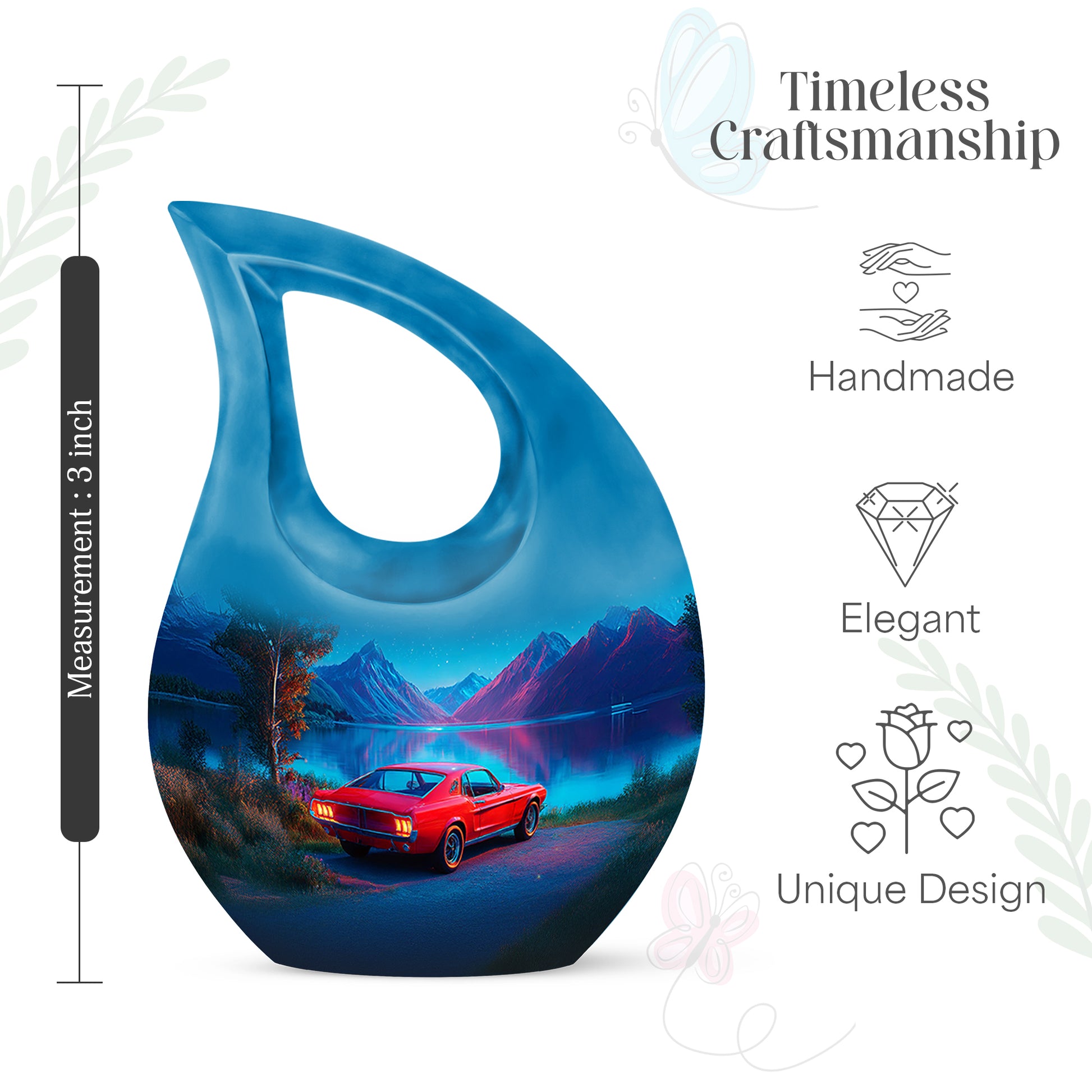 Twilight Blue Car Cremation Urn back view with polished surface - devotional cross-drop car engraving - mini keepsake memorial for portion of cremation ashes