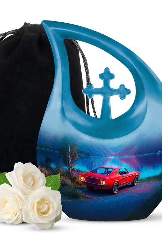 Icy Blue Car Cremation Urn top-down view of secure threaded lid - sacred cross merged with car motif on metal - full-size 10 inch 200 cubic inch adult cremation urn