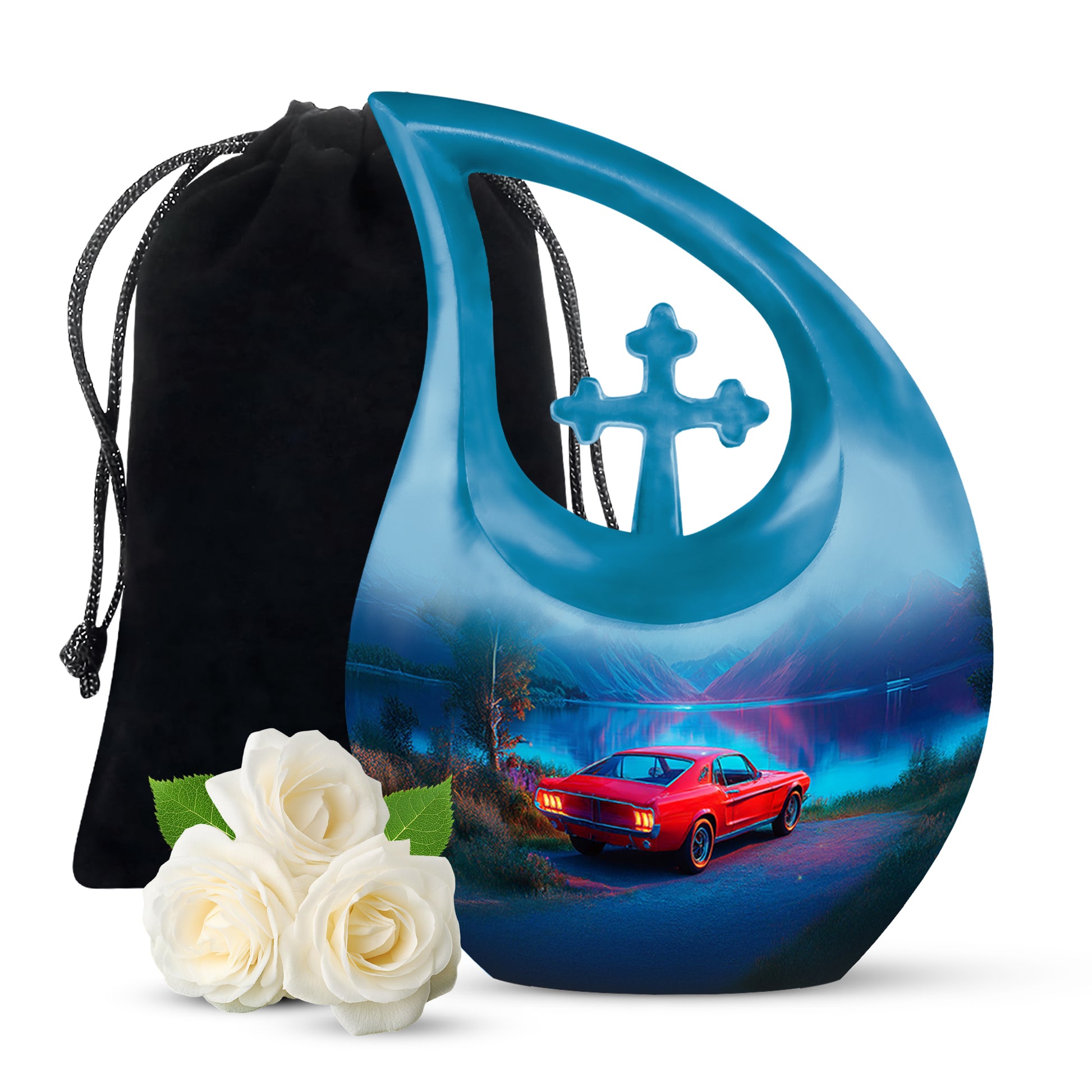 Icy Blue Car Cremation Urn top-down view of secure threaded lid - sacred cross merged with car motif on metal - full-size 10 inch 200 cubic inch adult cremation urn