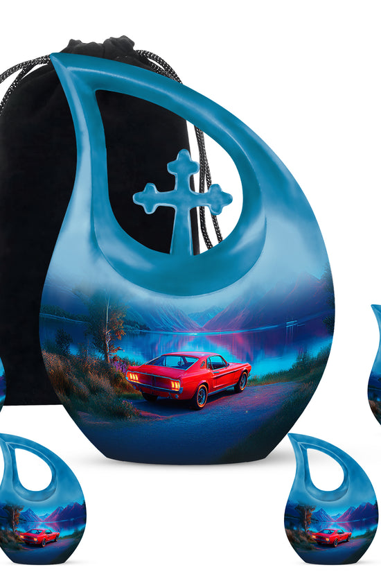 Celestial Blue Car Cremation Urn urn with complimentary velvet bag - cross and car combined in spiritual memorial design - memorial set with one large and four small urns