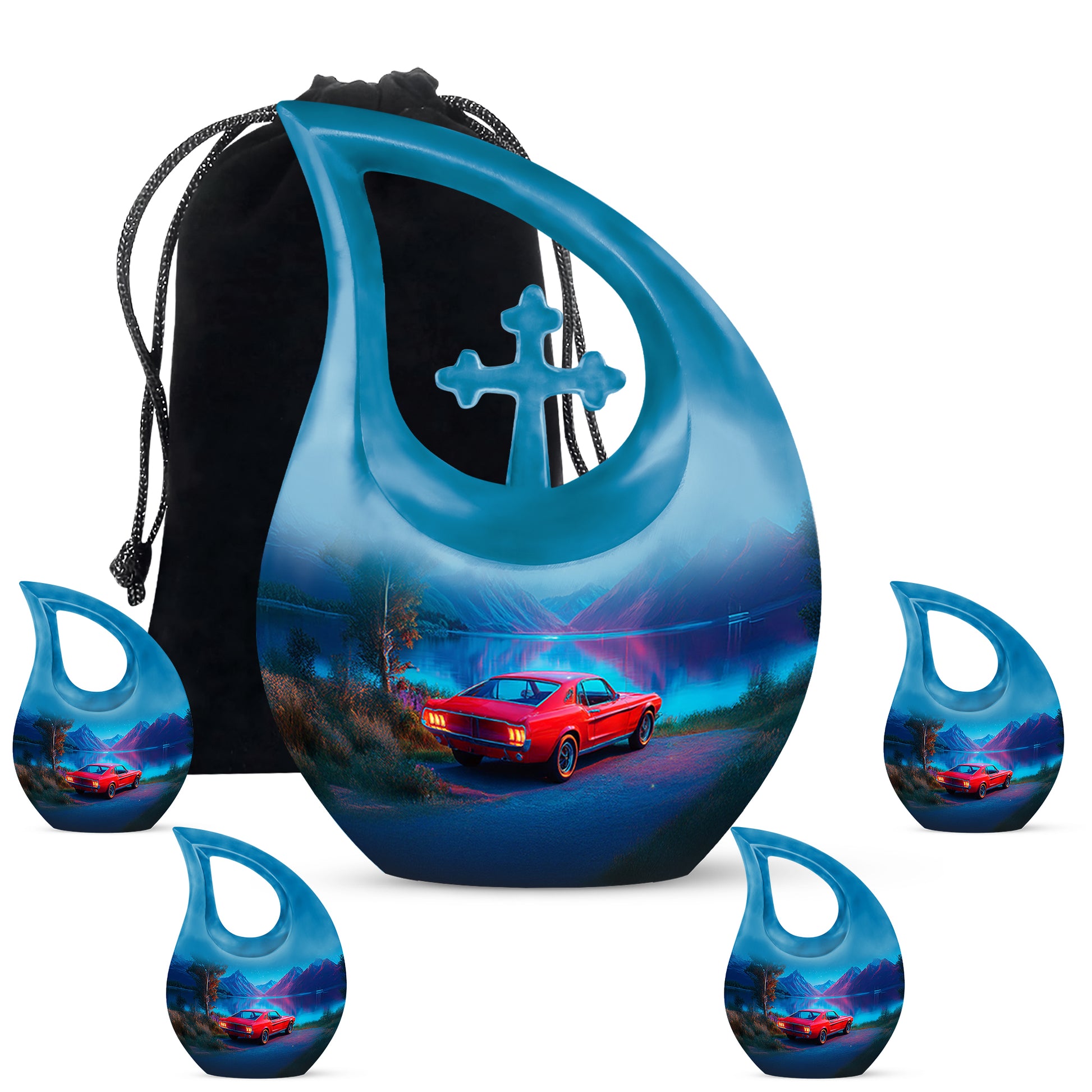 Celestial Blue Car Cremation Urn urn with complimentary velvet bag - cross and car combined in spiritual memorial design - memorial set with one large and four small urns