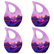 Petal Pink Car Cremation Urn lifestyle display on memorial shelf - devotional cross-drop car engraving - 10 inch aluminum urn for cremated remains