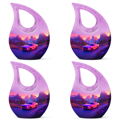 Petal Pink Car Cremation Urn lifestyle display on memorial shelf - devotional cross-drop car engraving - 10 inch aluminum urn for cremated remains