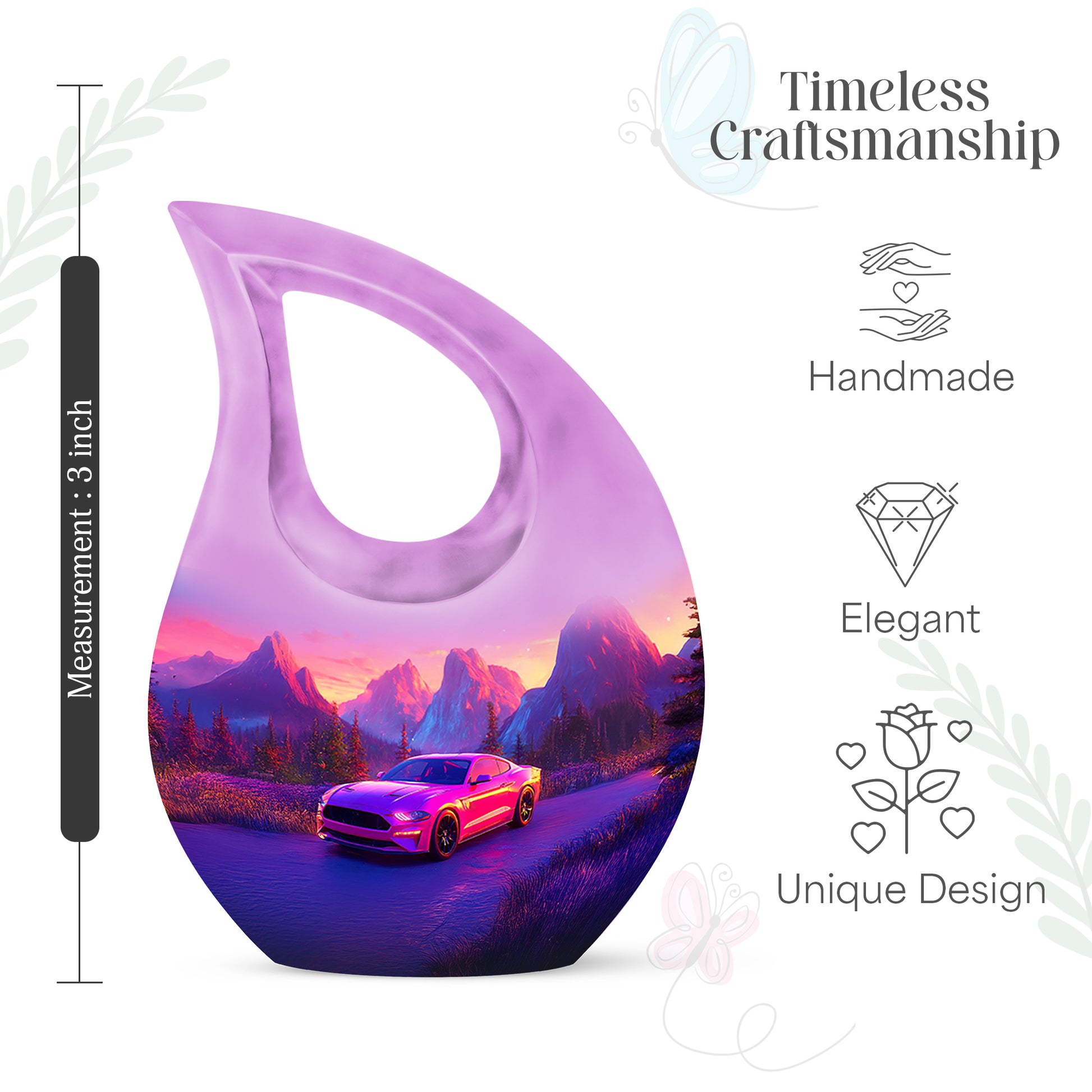 Pastel Pink Car Cremation Urn back view with polished surface - cross and car combined in spiritual memorial design - mini keepsake memorial for portion of cremation ashes