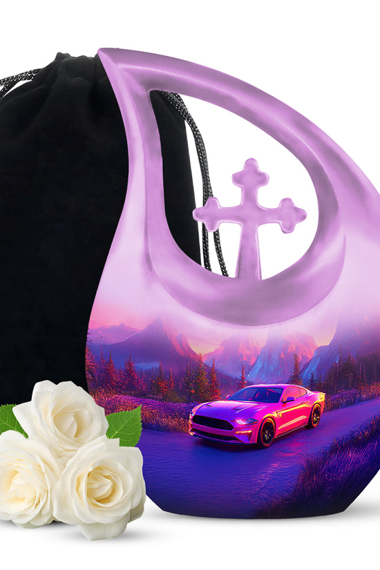 Dusty Pink Car Cremation Urn top-down view of secure threaded lid - faith-inspired cross-drop urn with car pattern - full-size 10 inch 200 cubic inch adult cremation urn