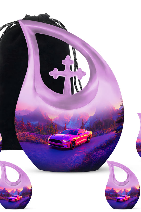 Rose Pink Car Cremation Urn urn with complimentary velvet bag - cross and car combined in spiritual memorial design - memorial set with one large and four small urns