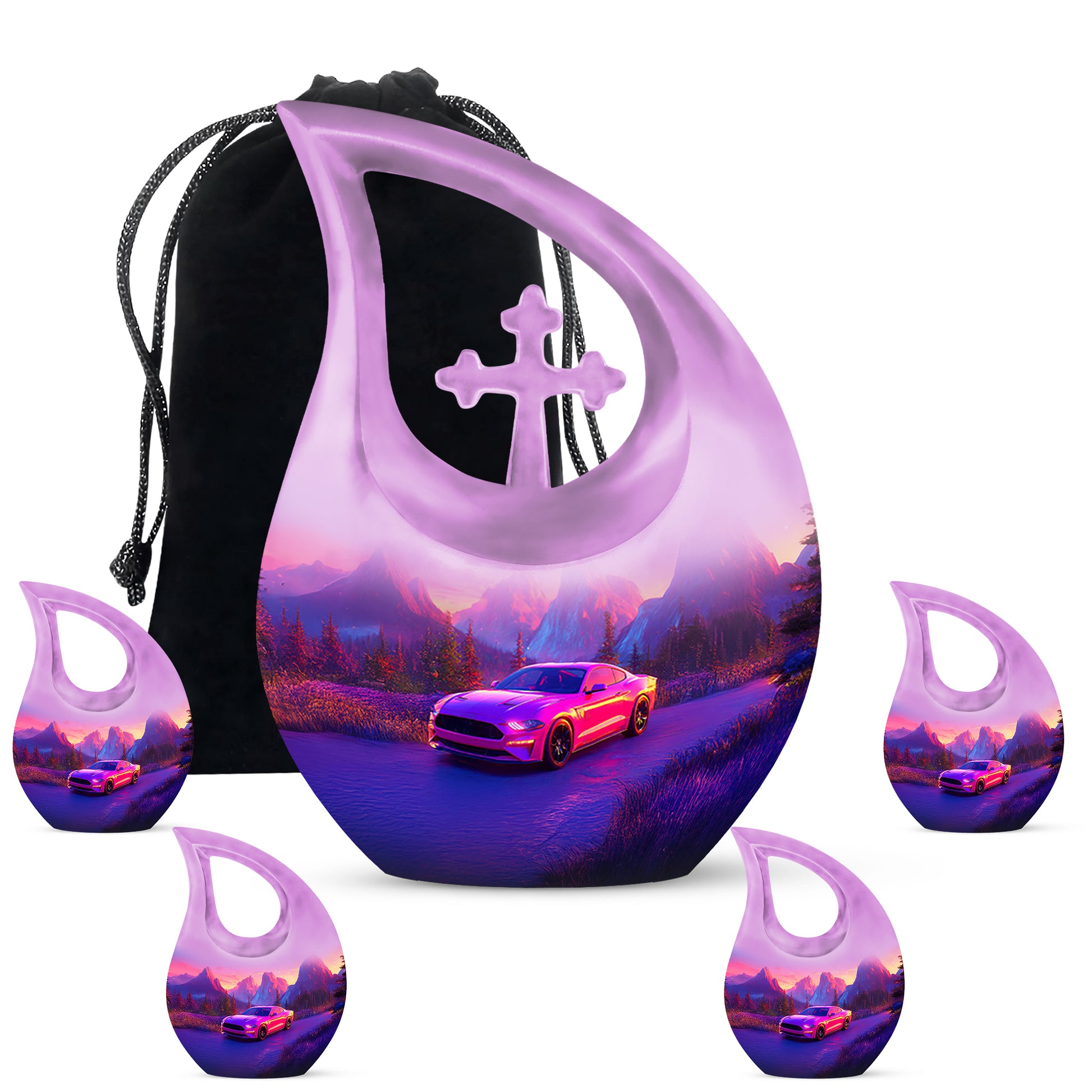 Rose Pink Car Cremation Urn urn with complimentary velvet bag - cross and car combined in spiritual memorial design - memorial set with one large and four small urns