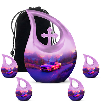 Rose Pink Car Cremation Urn urn with complimentary velvet bag - cross and car combined in spiritual memorial design - memorial set with one large and four small urns