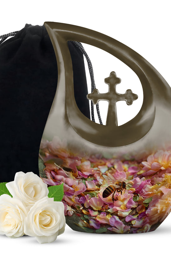 Matte Gold Bee Cremation Urn top-down view of secure threaded lid - faith-inspired cross-drop urn with bee pattern - full-size 10 inch 200 cubic inch adult cremation urn