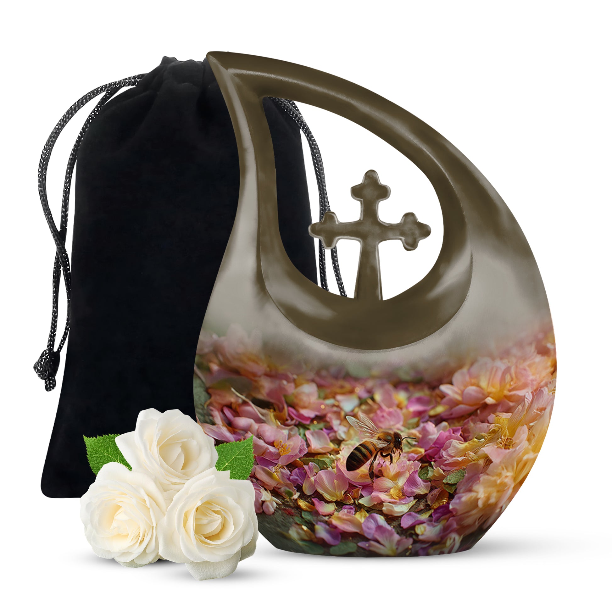 Matte Gold Bee Cremation Urn top-down view of secure threaded lid - faith-inspired cross-drop urn with bee pattern - full-size 10 inch 200 cubic inch adult cremation urn