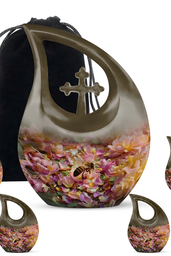 Amber Gold Bee Cremation Urn urn with complimentary velvet bag - sacred cross merged with bee motif on metal - memorial set with one large and four small urns