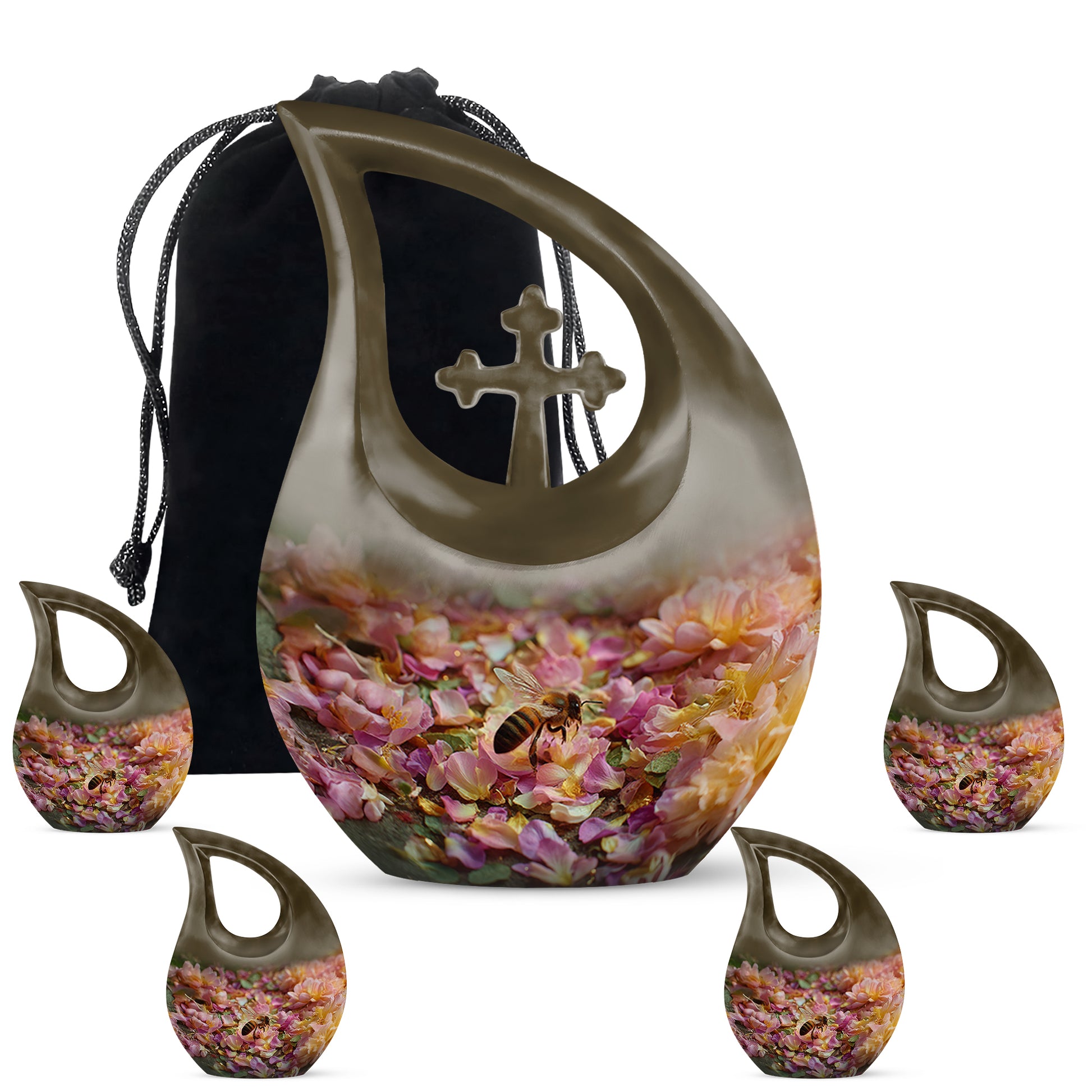 Amber Gold Bee Cremation Urn urn with complimentary velvet bag - sacred cross merged with bee motif on metal - memorial set with one large and four small urns