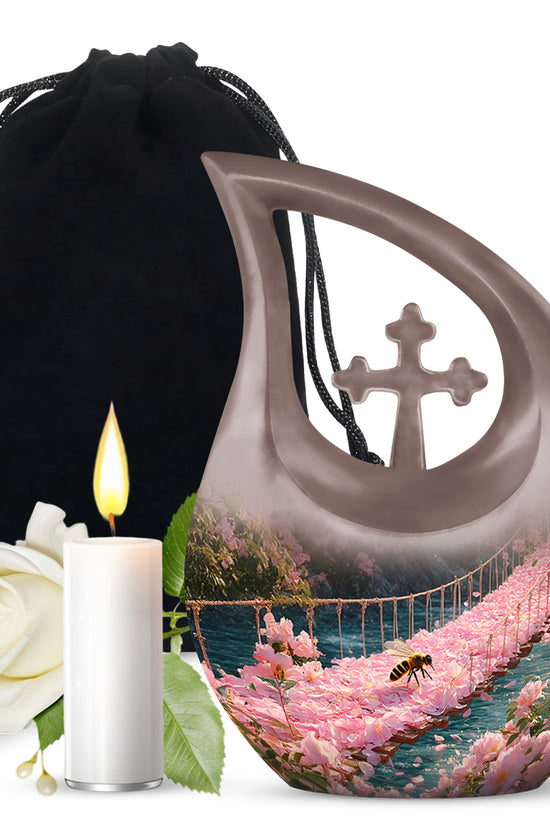 Burnished Gold Bee Cremation Urn top-down view of secure threaded lid - faith-inspired cross-drop urn with bee pattern - full-size 10 inch 200 cubic inch adult cremation urn