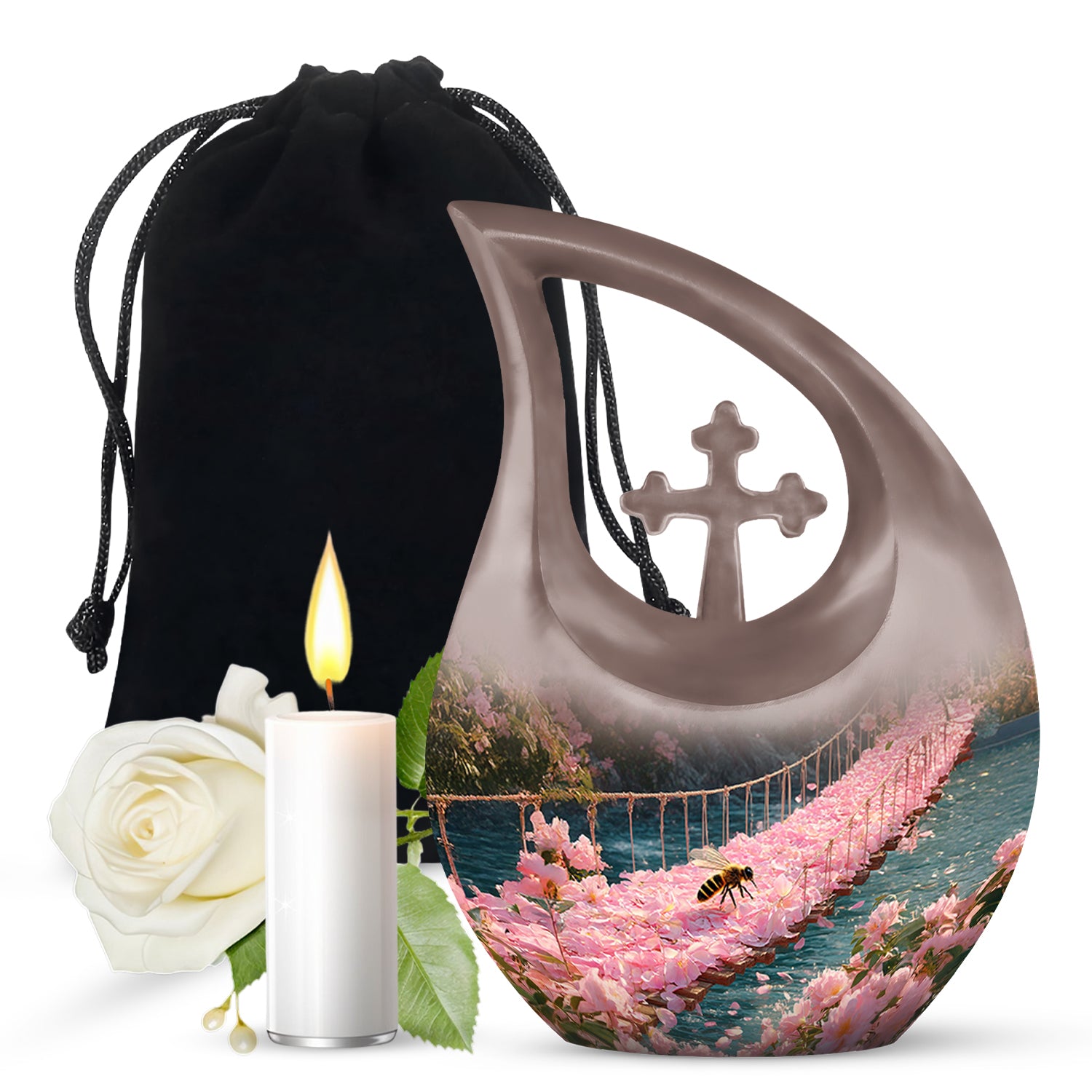 Burnished Gold Bee Cremation Urn top-down view of secure threaded lid - faith-inspired cross-drop urn with bee pattern - full-size 10 inch 200 cubic inch adult cremation urn