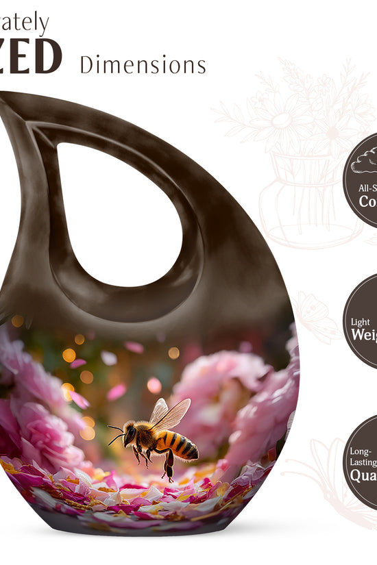 Warm Gold Bee Cremation Urn back view with polished surface - devotional cross-drop bee engraving - mini keepsake memorial for portion of cremation ashes