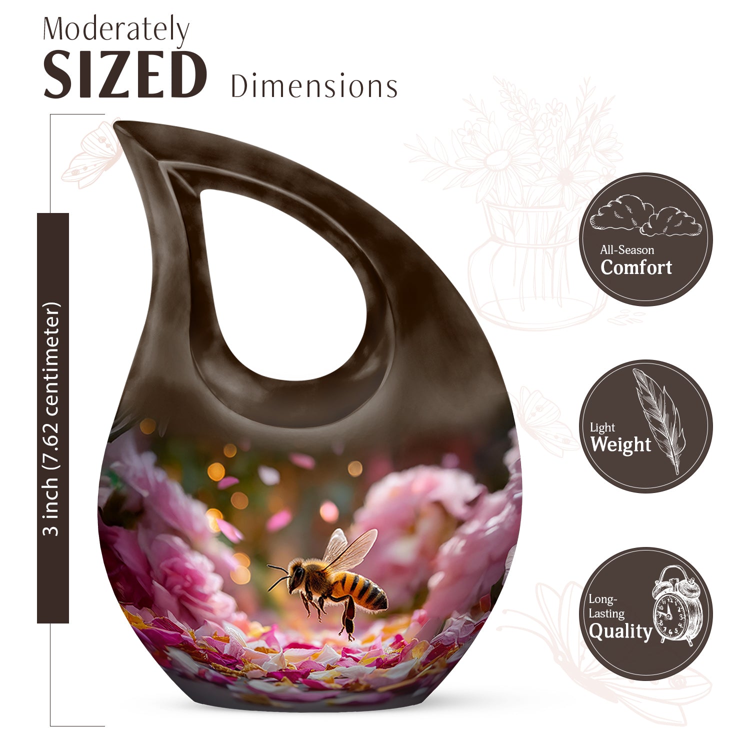 Warm Gold Bee Cremation Urn back view with polished surface - devotional cross-drop bee engraving - mini keepsake memorial for portion of cremation ashes