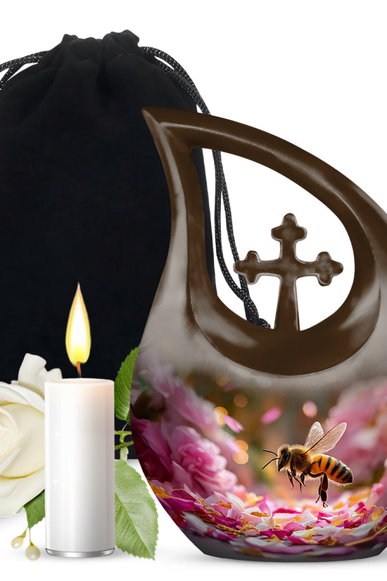 Amber Gold Bee Cremation Urn top-down view of secure threaded lid - sacred cross merged with bee motif on metal - full-size 10 inch 200 cubic inch adult cremation urn