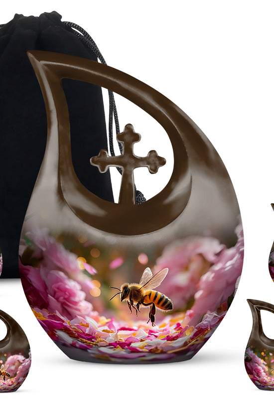 Burnished Gold Bee Cremation Urn urn with complimentary velvet bag - faith-inspired cross-drop urn with bee pattern - memorial set with one large and four small urns