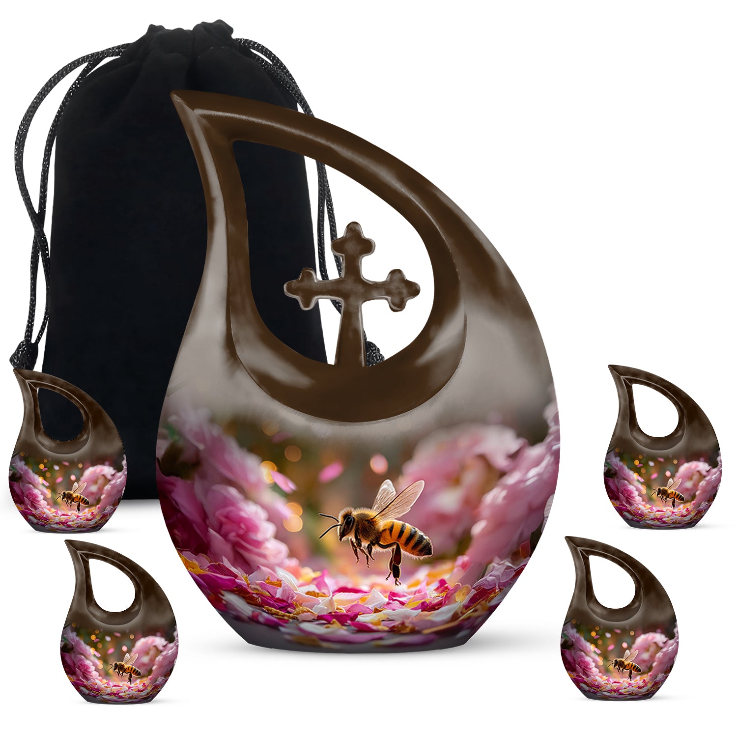 Burnished Gold Bee Cremation Urn urn with complimentary velvet bag - faith-inspired cross-drop urn with bee pattern - memorial set with one large and four small urns