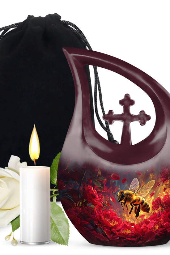 Coral Pink Bee Cremation Urn top-down view of secure threaded lid - cross and bee combined in spiritual memorial design - full-size 10 inch 200 cubic inch adult cremation urn