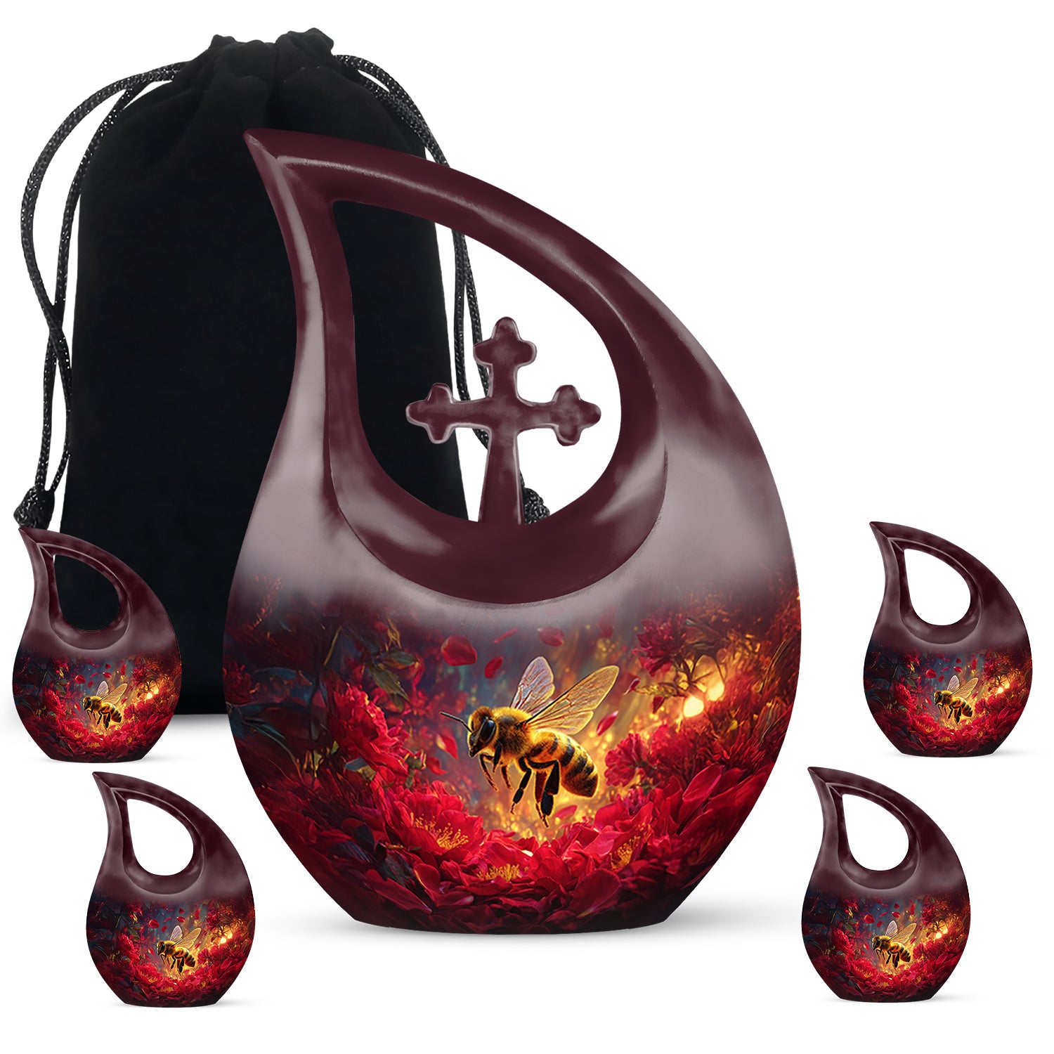 Vintage Pink Bee Cremation Urn urn with complimentary velvet bag - faith-inspired cross-drop urn with bee pattern - memorial set with one large and four small urns
