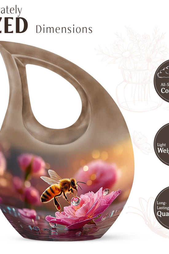 Gilded Gold Bee Cremation Urn back view with polished surface - cross and bee combined in spiritual memorial design - mini keepsake memorial for portion of cremation ashes