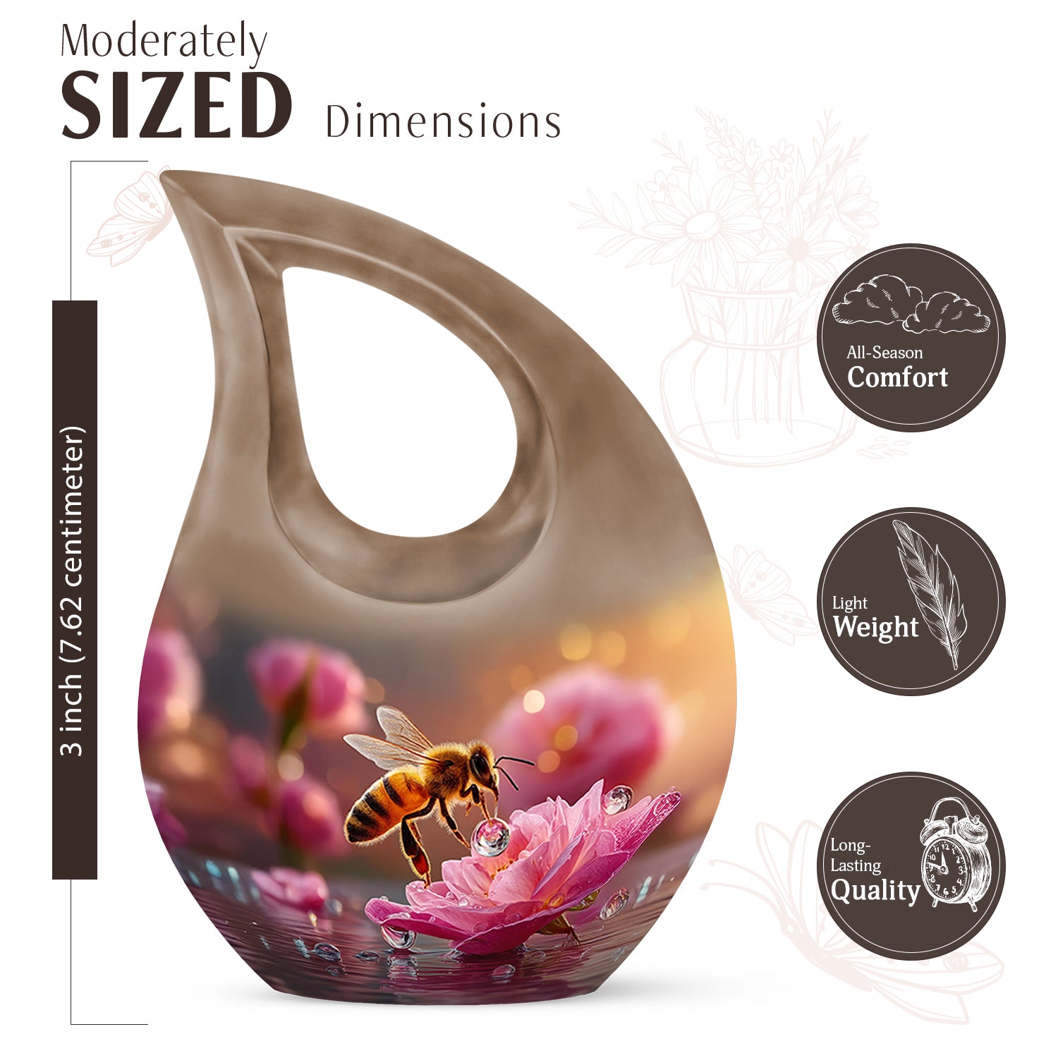 Gilded Gold Bee Cremation Urn back view with polished surface - cross and bee combined in spiritual memorial design - mini keepsake memorial for portion of cremation ashes