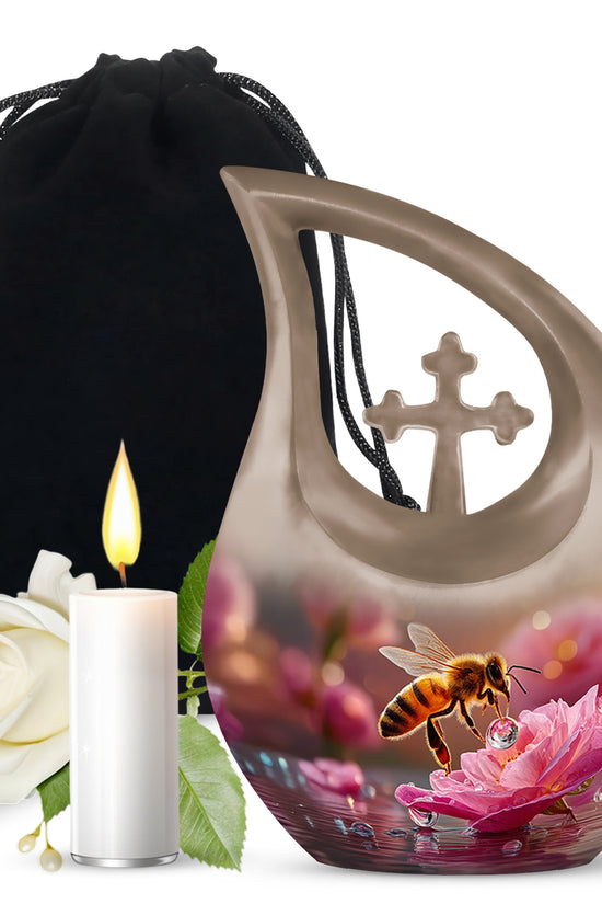 Sunrise Gold Bee Cremation Urn top-down view of secure threaded lid - cross and bee combined in spiritual memorial design - full-size 10 inch 200 cubic inch adult cremation urn