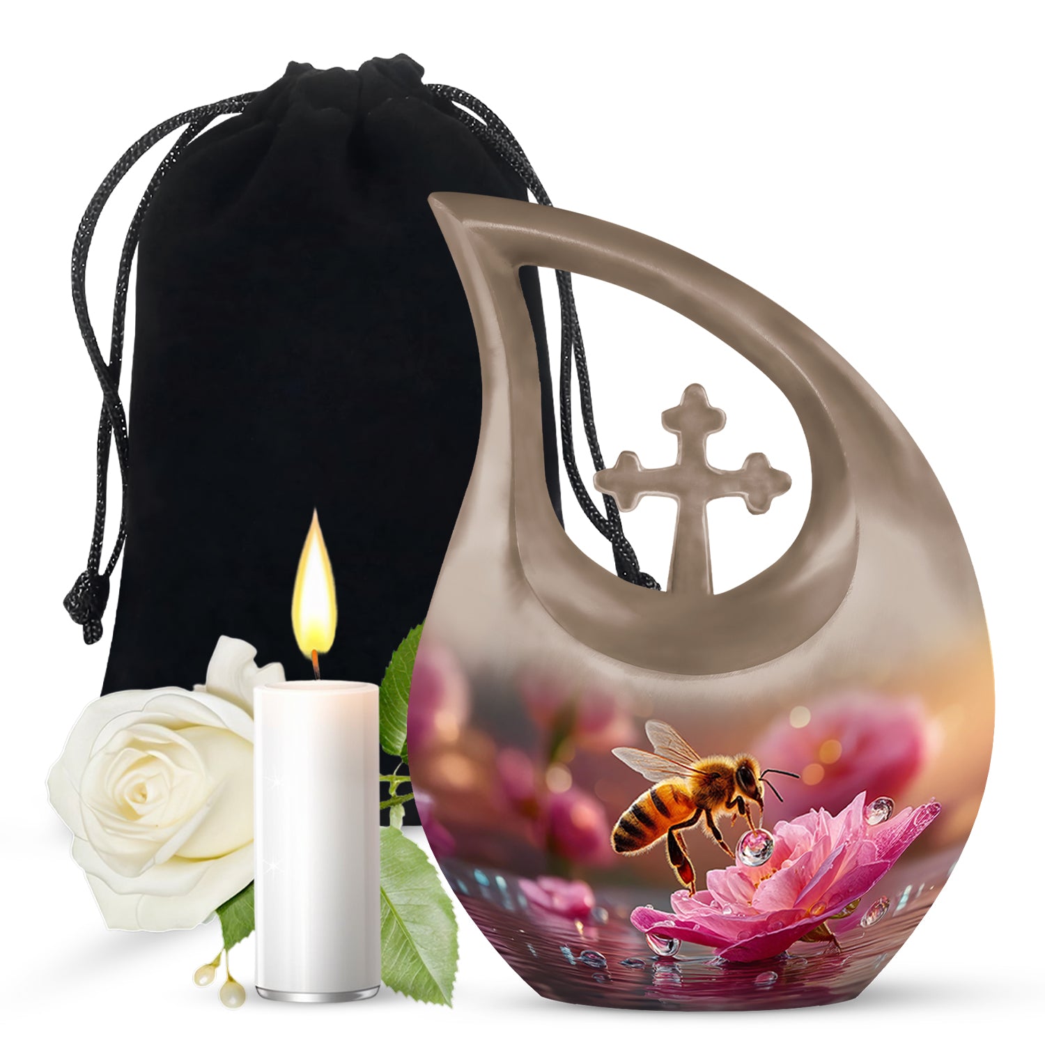 Sunrise Gold Bee Cremation Urn top-down view of secure threaded lid - cross and bee combined in spiritual memorial design - full-size 10 inch 200 cubic inch adult cremation urn