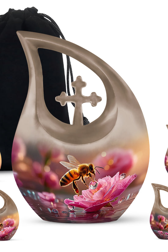 Gilded Gold Bee Cremation Urn urn with complimentary velvet bag - sacred cross merged with bee motif on metal - memorial set with one large and four small urns