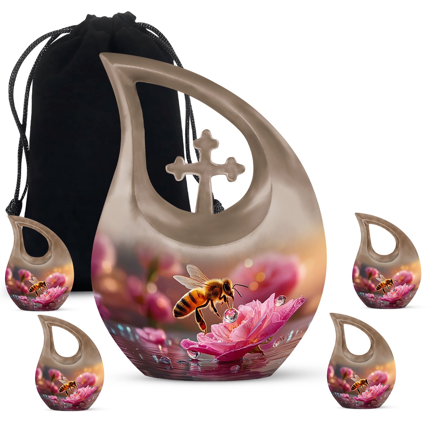 Gilded Gold Bee Cremation Urn urn with complimentary velvet bag - sacred cross merged with bee motif on metal - memorial set with one large and four small urns