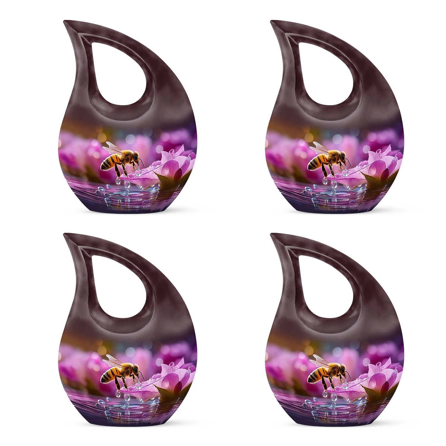 Wine Red Bee Cremation Urn lifestyle display on memorial shelf - sacred cross merged with bee motif on metal - 10 inch aluminum urn for cremated remains