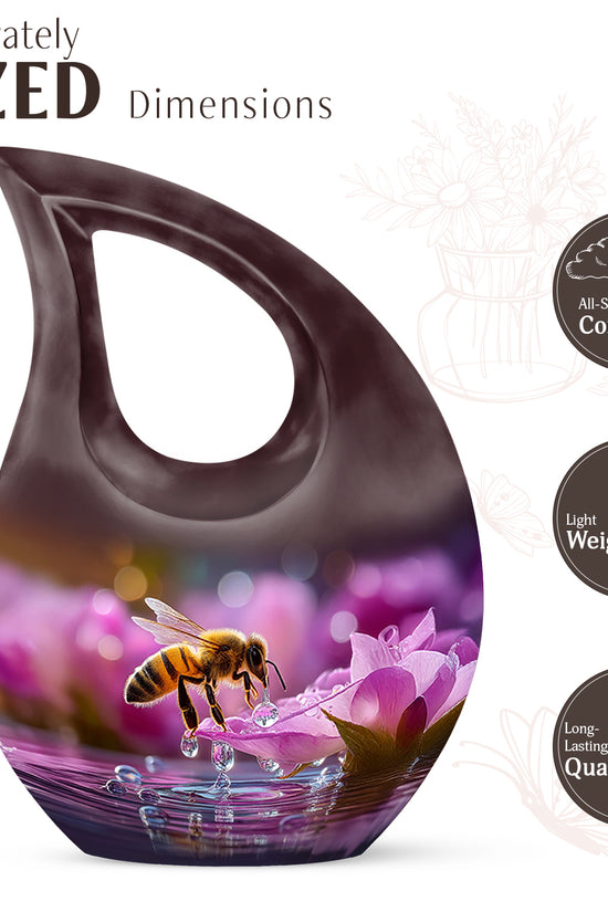 Ruby Red Bee Cremation Urn back view with polished surface - devotional cross-drop bee engraving - mini keepsake memorial for portion of cremation ashes