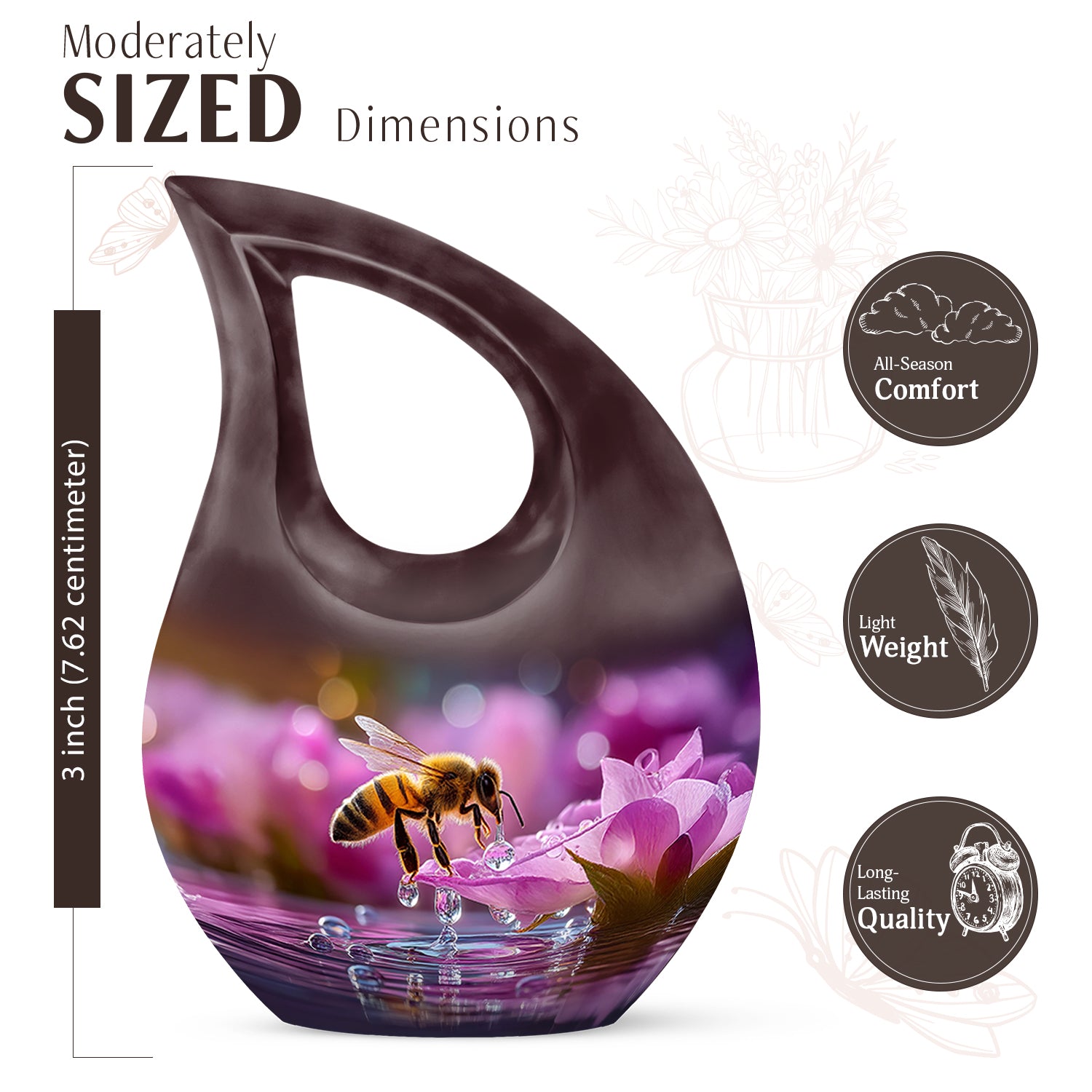 Ruby Red Bee Cremation Urn back view with polished surface - devotional cross-drop bee engraving - mini keepsake memorial for portion of cremation ashes
