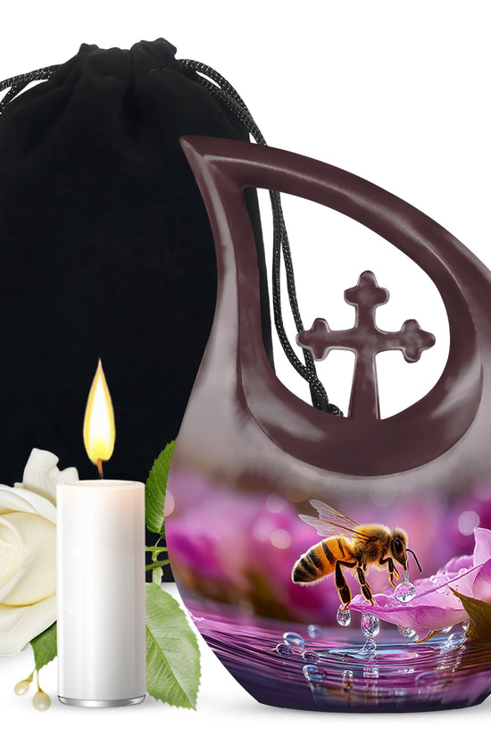 Burgundy Red Bee Cremation Urn top-down view of secure threaded lid - sacred cross merged with bee motif on metal - full-size 10 inch 200 cubic inch adult cremation urn